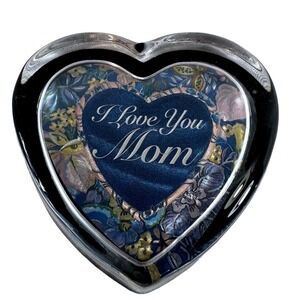 I Love You Mom Heart Shaped Glass Paperweight Floral Mother's Day Gift